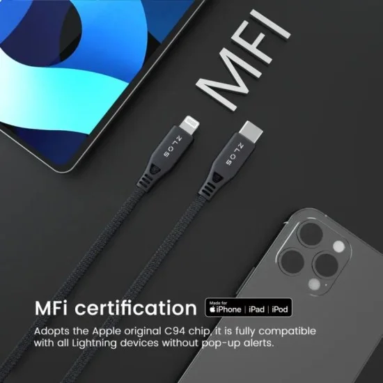 Zlos USB-C to Lightning Cable Leather Strap Included - Black
